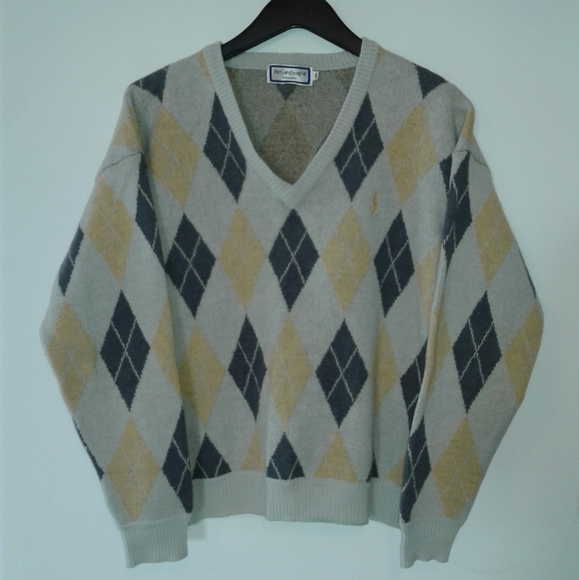 Yves Saint Laurent Argyle Sweater YSL Pullover merino wool jumper V neck men's M - Picture 7 of 7